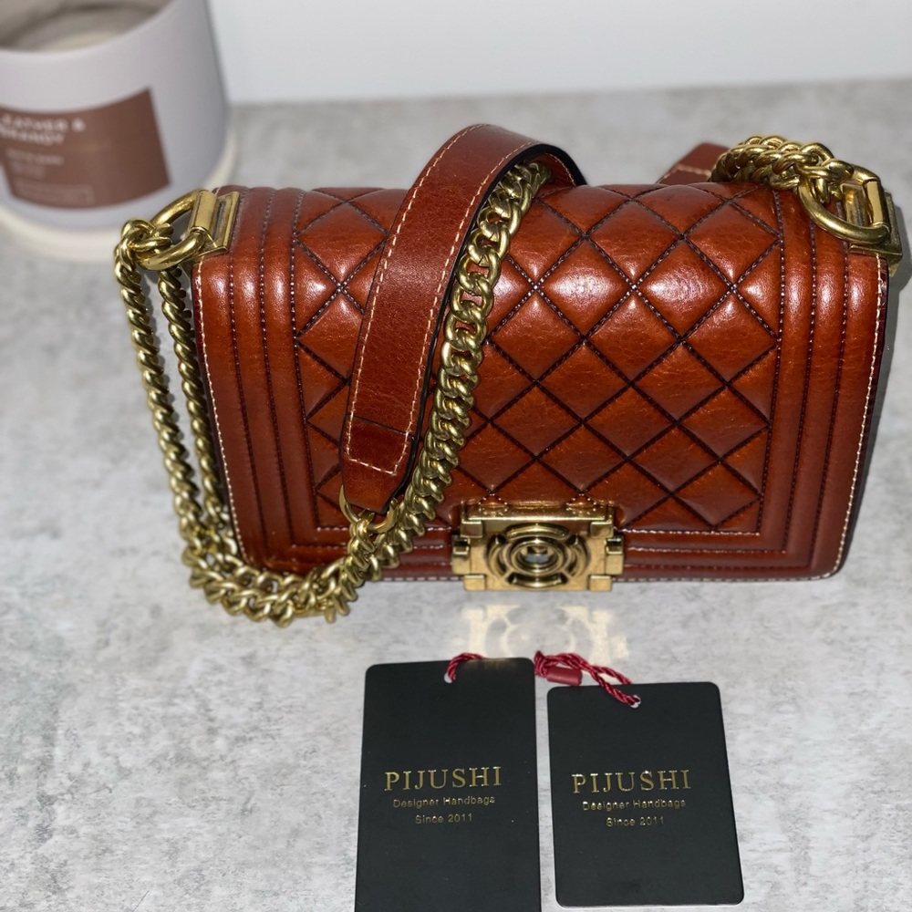 Pijushi Genuine Brown Leather Quilted Chain “Boy” Bag